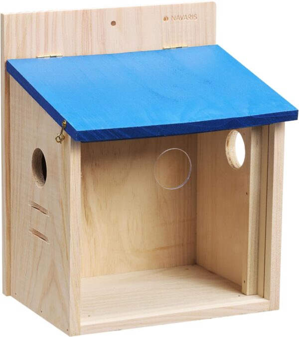 Navaris Wooden Bird Feeder House - Wall Mounted Garden Decor for Birds with Blue Roof - Outdoor Feeding Station with Exchangeable Wood and Clear Front Panels - Image 5
