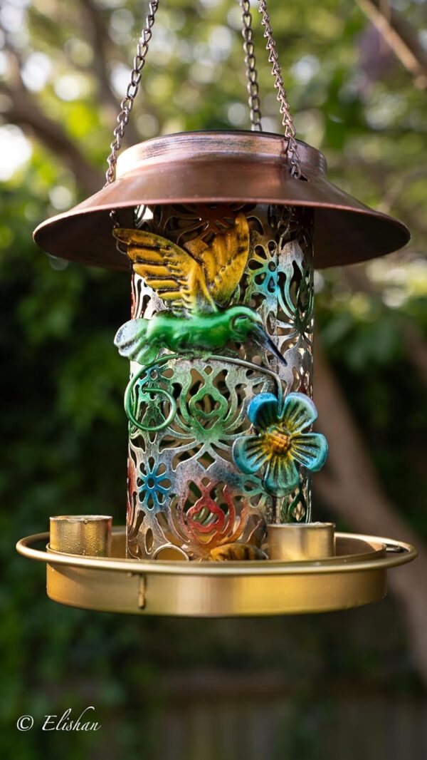 ELISHAN Solar Bird Feeder for Outdoors Hanging, Metal Wild Bird Feeder, Solar Garden Lantern, Garden Ornament, Gift Ideas for Bird Lovers, Heavy Duty Weather Resistance Birdfeeders - Image 4