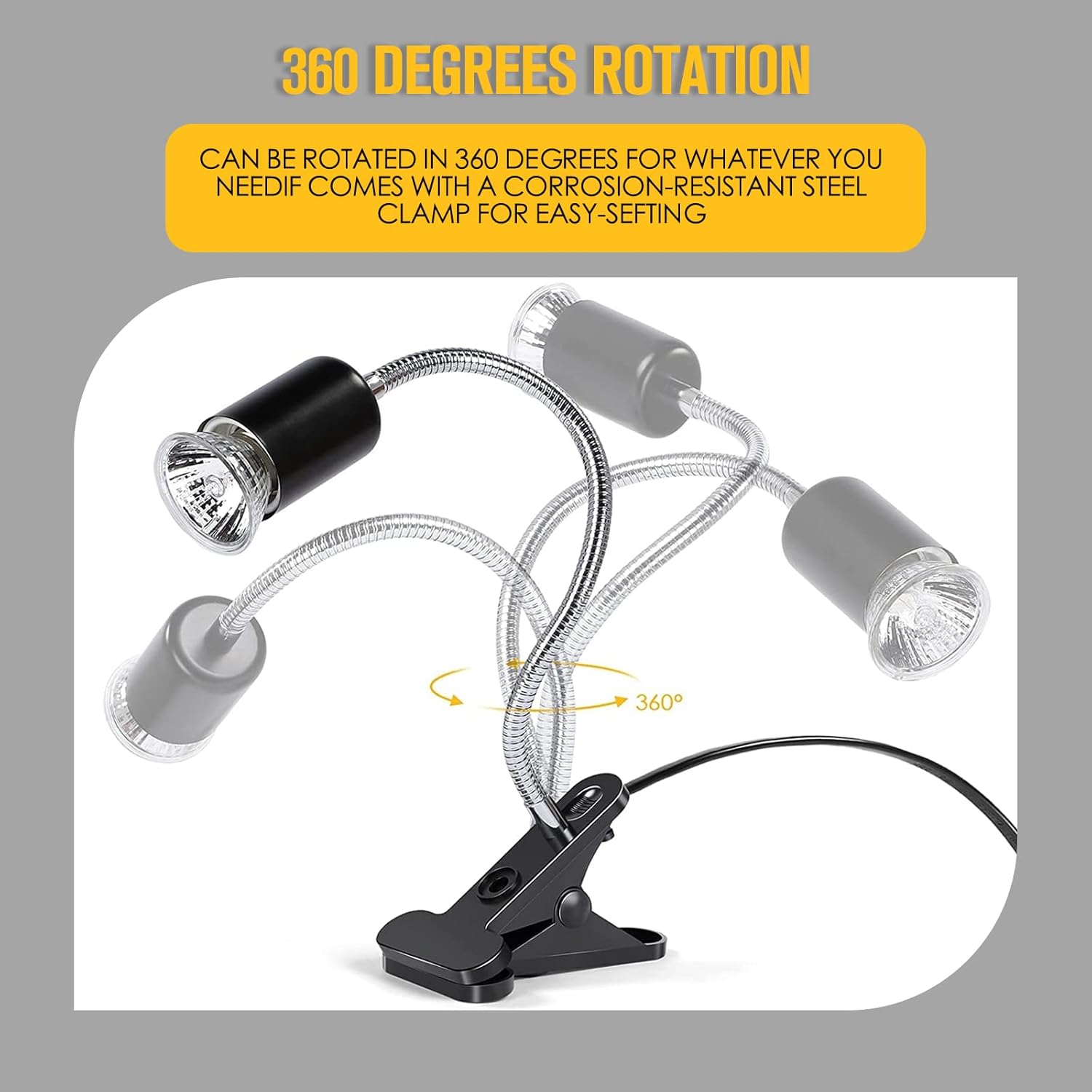 Tortoise Heat Lamp, 50W UVA UVB Basking Lamp with 360°Rotatable Clip & Power Adapter, 30cm Rotatable Gooseneck with 3 x 50W Heat Bulb, Heating Light for Reptiles, Lizard, Turtle Snak Aquarium - Image 2