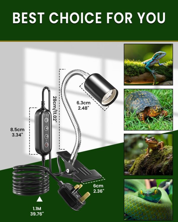 Bonlux Tortoise Heat Lamp,Terrarium Heat Lamp with time cycle,E27 200w Dimmable Reptile Heat Spotlight,Clip on Heat Lamp for Reptiles, Strong Clips, Ideal for Aquarium Tanks and Basking(NO BULB) - Image 6
