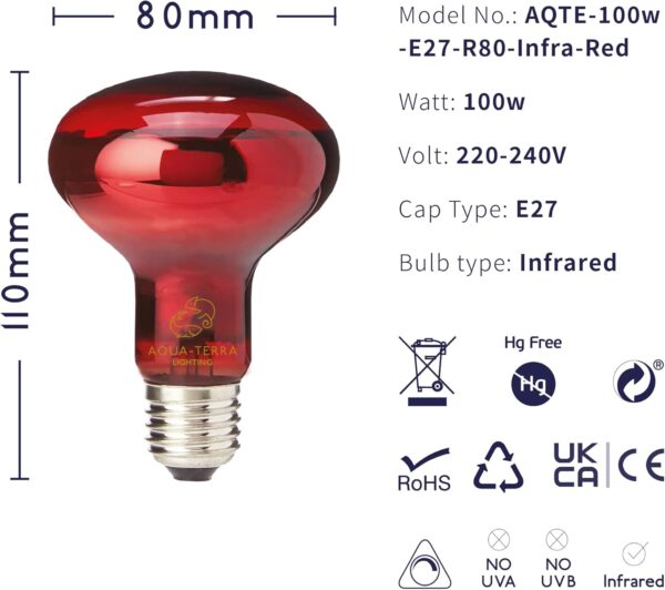Aqua-Terra Lighting 100w Infrared Basking Heat Lamp for Reptiles, Amphibians and Invertebrates– R80 Spotlight Bulb with E27 Standard Screw Base Suitable for Vivarium Heating - Image 2