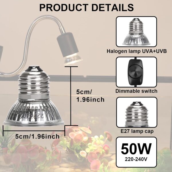 AIICIOO Reptile Heating Light Bulb UVA UVB Full Spectrum Sun Lamp Halogen Turtle Heating Lamp Adjustable Light for Lizard Tortoise Spider Snake 50W 4 Pack E27 - Image 2