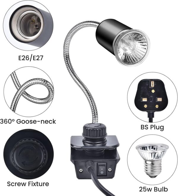 Bonlux Reptile Heat Lamp 25W E27 Basking Lamp for Tortoise Spot Holder Clamp UVA UVB Bulbs 360° Adjustable Metal Gooseneck Hose for Turtles, Snakes, Lizards with 2x25W Heat Spotlight Bulbs - Image 5