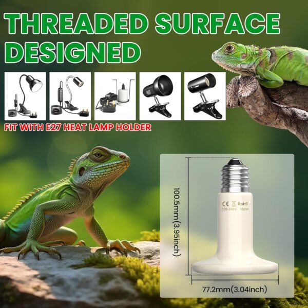 Luxvista 100W Reptile Heat Lamp Bulb,E27 Ceramic Heat Emitter Tortoise Heat Lamp,White Infrared No Light Heat Bulb for Terrarium Vivarium Reptile/Puppy/Bearded Dragon/Lizard/Snake/Chick,2-Pack - Image 5