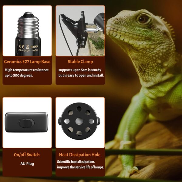 Bonlux Reptile Tortoise Heat Lamp with 100W Terrarium Reptile Heat Bulb E27 Basking Lamp Adjustable Holder with Clip Pet Ceramic Infrared Heat Lamp Bulb for Lizards, Tortoise, Snake, Chicken, Puppies - Image 3