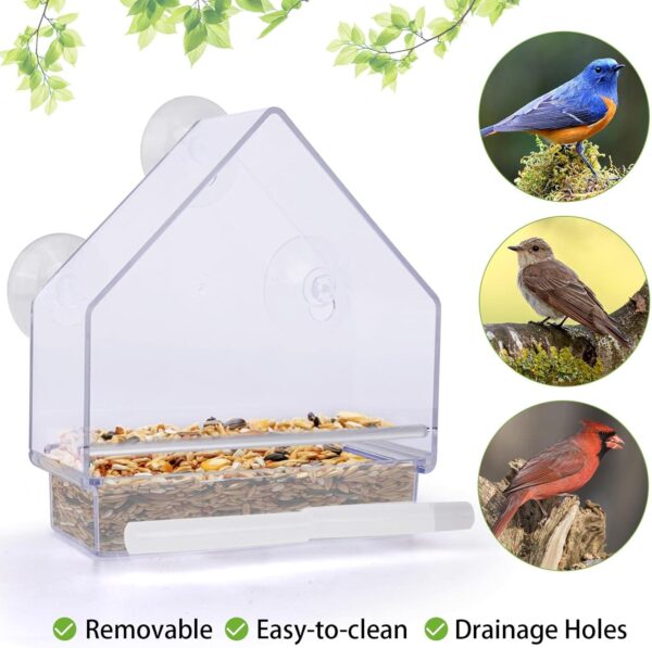 Window Bird Feeder 2 Pack, Bird House for Outside, Window Bird Feeder with Strong Suction Cups and Removable Seed Tray with Drain Holes. Outdoors Birdfeeder for Wild Birds, Cardinal, Bluebird - Image 5