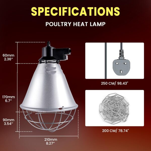 BrightArk Poultry Heat Lamp 250W with 2.5M Wire and 2M Hanging Chain, 2 Mode Energy Saving Switch, Livestock Breeding Brooder Lamp, Infrared Heat Lamp for Puppies Chicks Piglets Reptiles (No Bulb) - Image 2