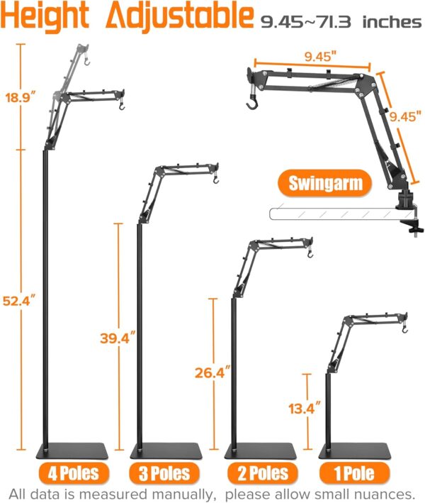 Metal Reptile Lamp Stand with Swing Arm for Terrarium Floor Light Stand for Reptile Tank, Height & Width & Angle is Adjustable, Heat Lamp Holder Heating Light Bracket Light Hanger (Max Height 72 inch) - Image 3