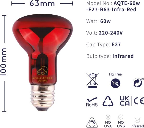 Aqua-Terra Lighting 60w Infrared Basking Heat Lamp for Reptiles, Amphibians and Invertebrates– R63 spotlight bulb with E27 standard Screw Base suitable for vivarium heating - Image 2
