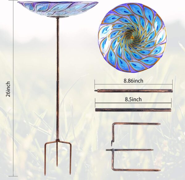 26 Inch Height Glass Bird Baths Birdfeeders with Metal Stake for Garden Lawn Yard Peacock - Image 4