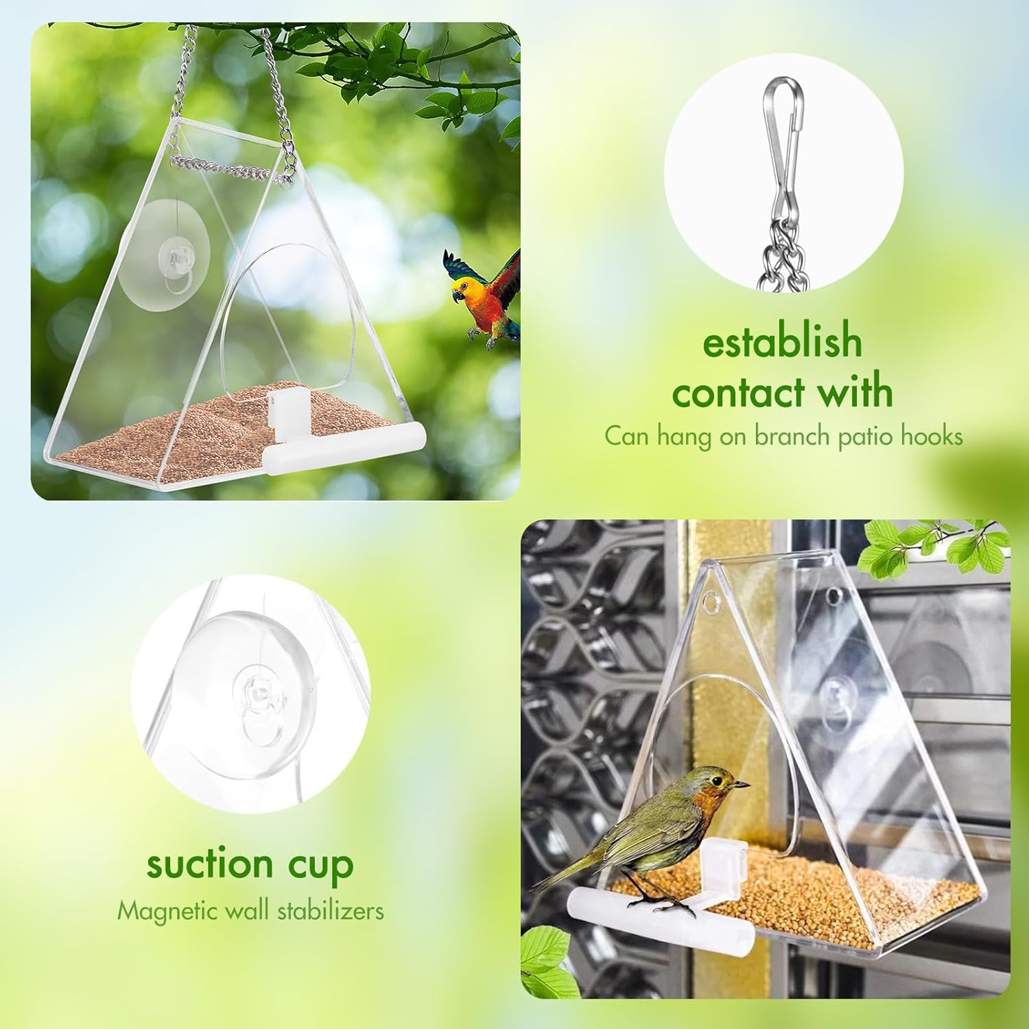 Palmcee Clear Window Bird Feeder, Hanging Wall Fence Tree Mounted Off-Ground Outdoor Garden Wild Feeding Food Station, Bird Window Feeder with Suction Cup and Drain Hole for Small Birds - Image 5