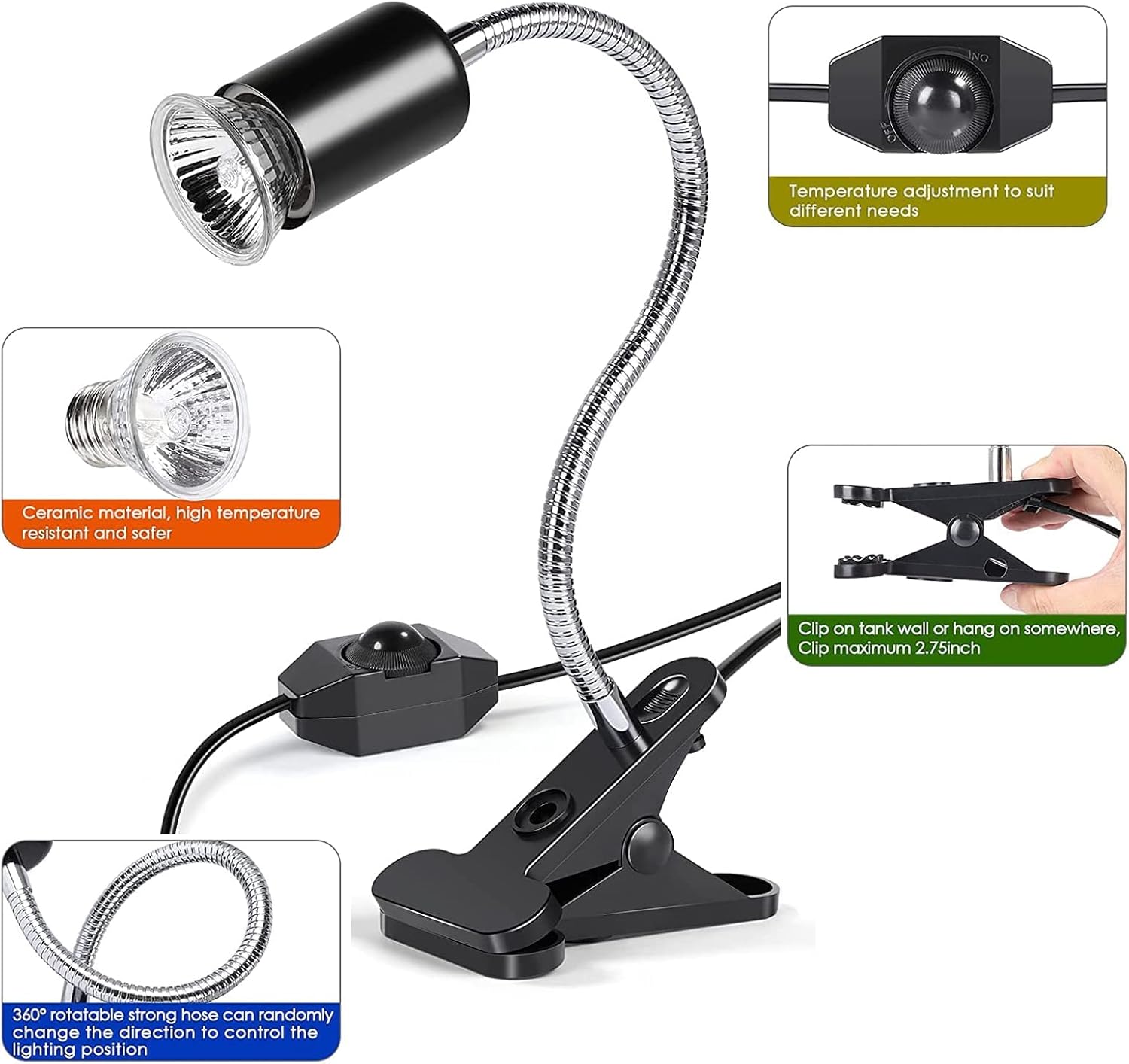 Tortoise Heat Lamp, 50W UVA UVB Basking Lamp with 360°Rotatable Clip & Power Adapter, 30cm Rotatable Gooseneck with 3 x 50W Heat Bulb, Heating Light for Reptiles, Lizard, Turtle Snak Aquarium - Image 6