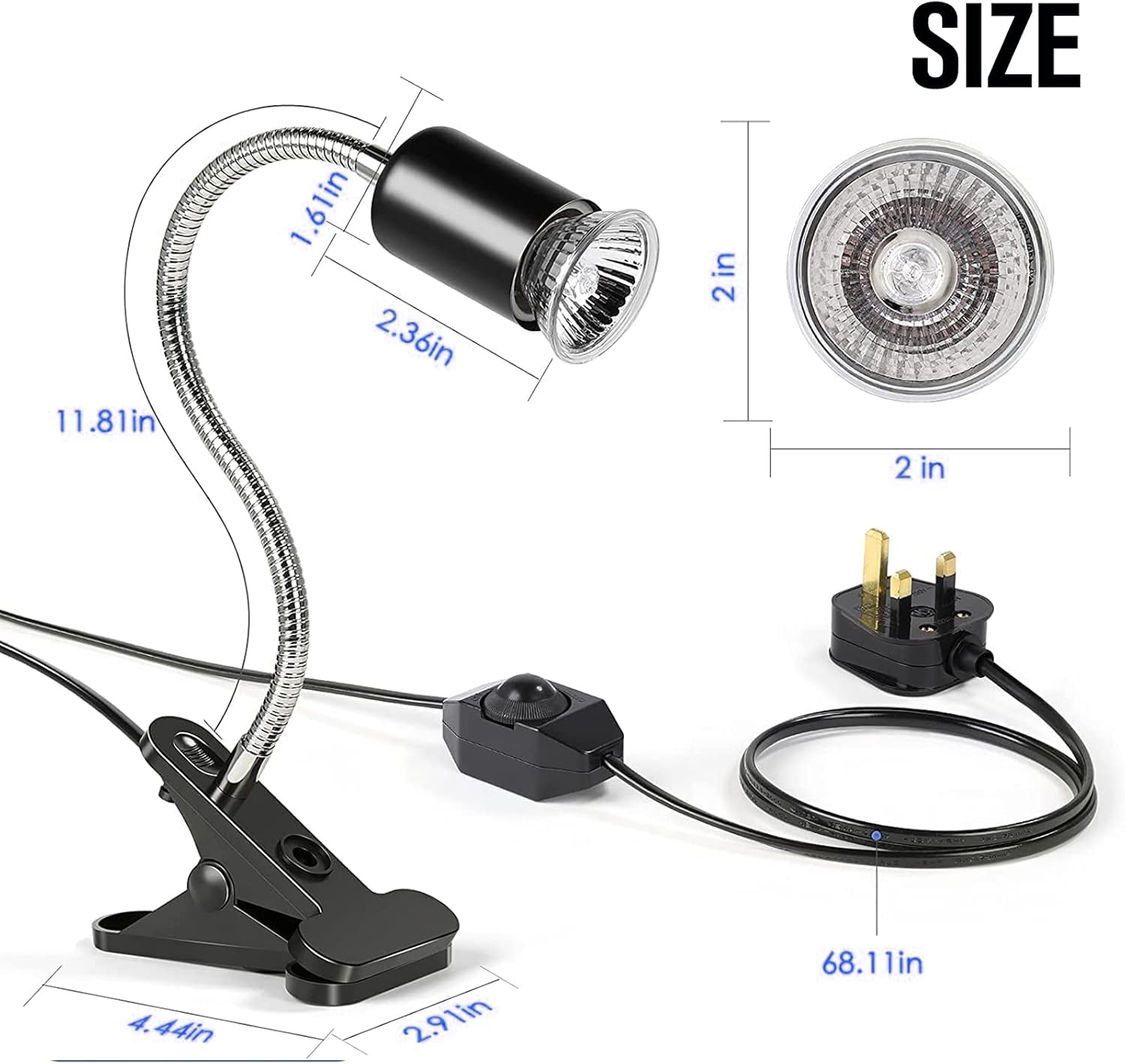 Tortoise Heat Lamp, 50W UVA UVB Basking Lamp with 360°Rotatable Clip & Power Adapter, 30cm Rotatable Gooseneck with 3 x 50W Heat Bulb, Heating Light for Reptiles, Lizard, Turtle Snak Aquarium - Image 4