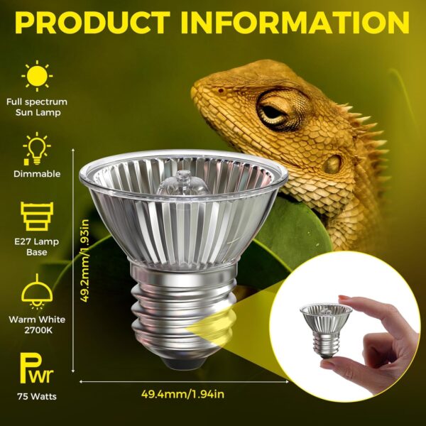 TobeBright 75W E27 Reptile Heat Lamp Dimmable Tortoise Heat Lamp Bulb UVA+UVB Basking Lamp AC220-240V Sunbathe Heat Light, for Reptiles, Amphibians, Lizards, Turtle, Snakes（2 Pack） - Image 2