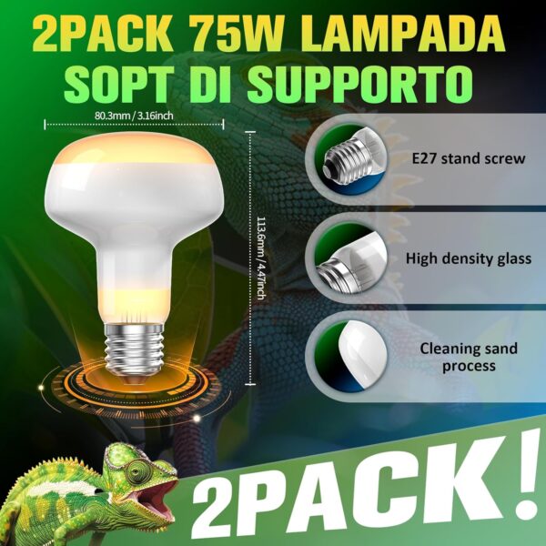 TobeBright 75W Intense Reptile Heat Lamp Bulb,E27 Dimmable Basking Bulb,UVA Heat Bulb for Reptile, Reptile Heat Lamp for Tortoise, Bearded Dragon, Lizard, Chicks and Puppies 2Pack - Image 4
