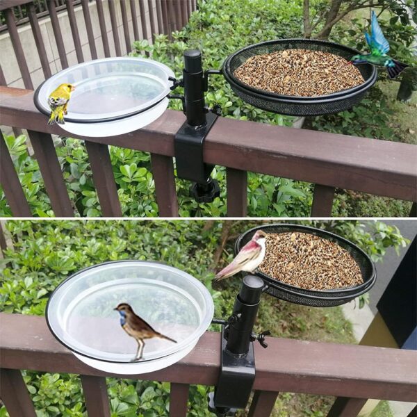 HRAYLTOP Deck Bird Feeders with Metal Mesh Tray and 2 Water Bowls - Detachable Adjustable Heavy Duty Clamp Bracket, Rail Bird Bath Balcony Porch Railing Feeder Perfect for Attracting Birds. - Image 9