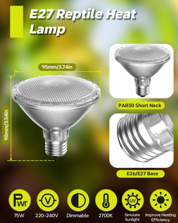 TobeBright 75W Reptile Heat Lamp Bulb,UVB UVA Basking Bulb E27 Dimmable,PAR30 Tortoise Heat Lamp,UV Heat Bulb for Vivarium Bearded Dragon,Lizard,Chick,Puppy - Image 5