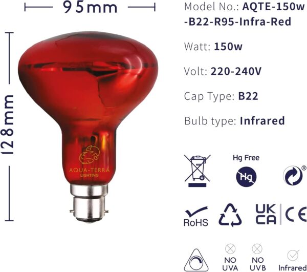 Aqua-Terra Lighting 150w Infrared Basking Heat Lamp for Reptiles, Amphibians and Invertebrates– R95 Spotlight Bulb with a B22 Standard Bayonet Base Suitable for Vivarium Heating - Image 2