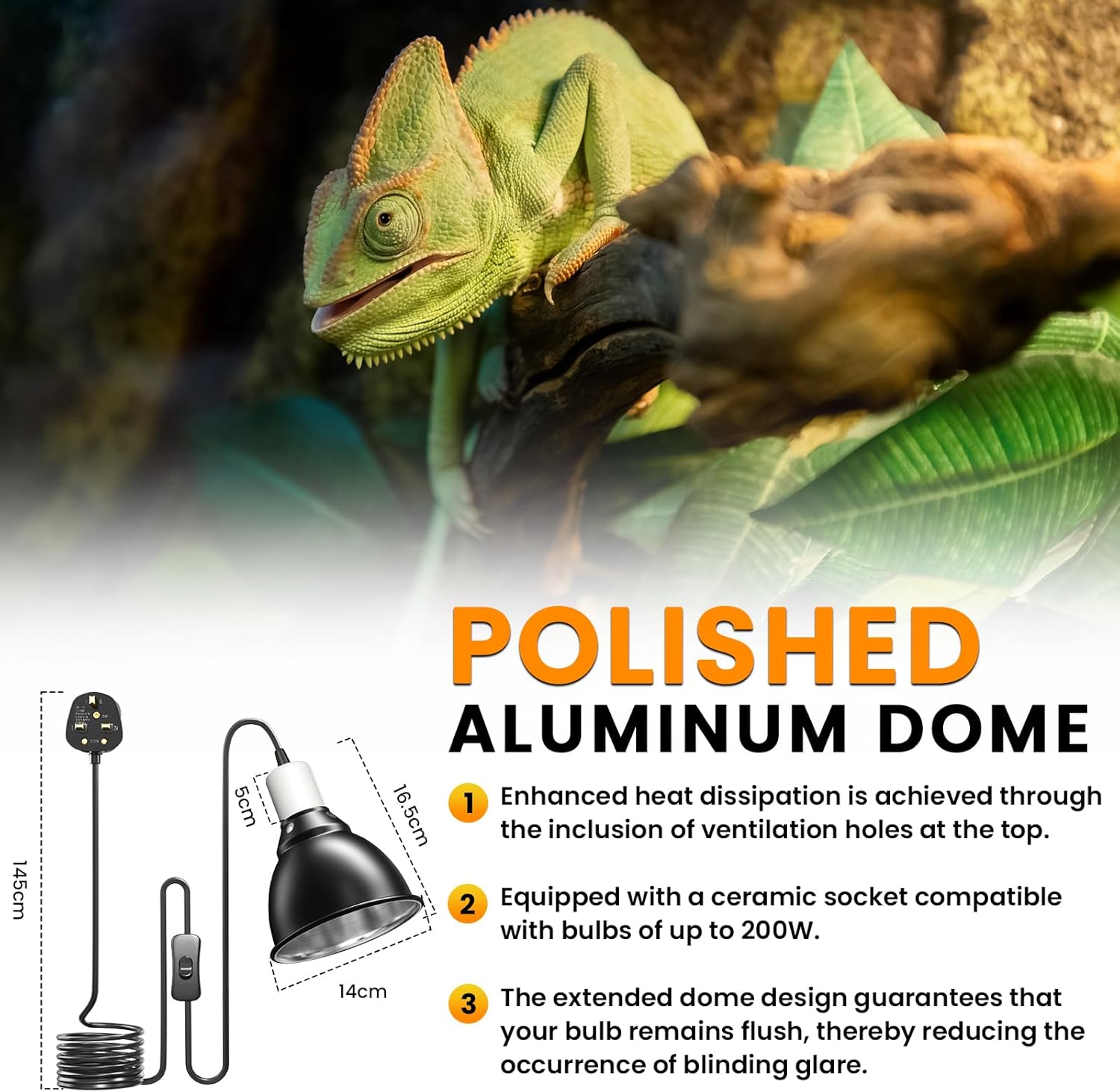 Bonlux Reptile Heat Lamp Holder 200W, Tortoise Heat lamp with Clip and BS Plug for E27 UVA/UVB Bulb, Pet Heat lamp for Reptiles Bearded Dragon,Snake,Chick - Image 5