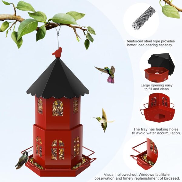 JOENCOST Bird Feeders for Outdoors, Large Capacity Metal Bird Feeder Squirrel Proof, Bird Feeders Outside Hanging for Cardinals Finch Blue Jay Sparrows and Wild Birds (Red) - Image 4