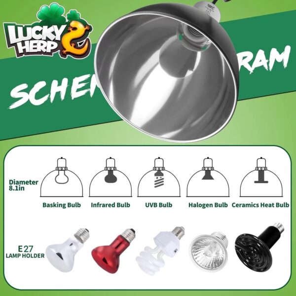 LUCKY HERP Reptile Dome Light Fixture, Aluminum 8.5inch Vivarium Heat Lamp Bulb Holder, UVA UVB Light Reptile Kit Maximum 250W - Image 3