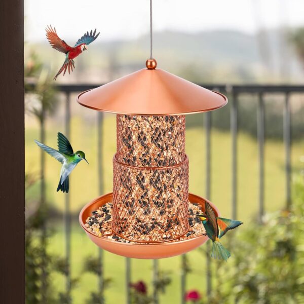 Bird Feeders, Hanging Metal Bird Seed Feeder Heavy Duty Mesh Squirrel Proof Wild Bird Feeder Staton Anti-rust Coating Nut Feeder with Rain Dome for Mix Seed Blends Sunflower - Image 7