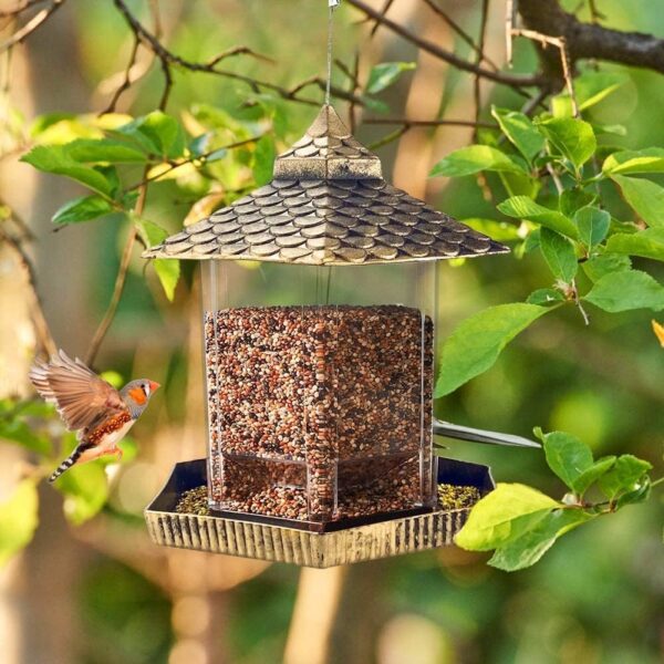 Urban Deco Bird Feeders Hanging Squirrel Proof Bird Feeder Plastic Bird Seed Feeder With Hexagonal Roof See Through Bird Feeder On Window Bird Feeders For Small Birds - Gold Goldfinch Feeder - Image 2