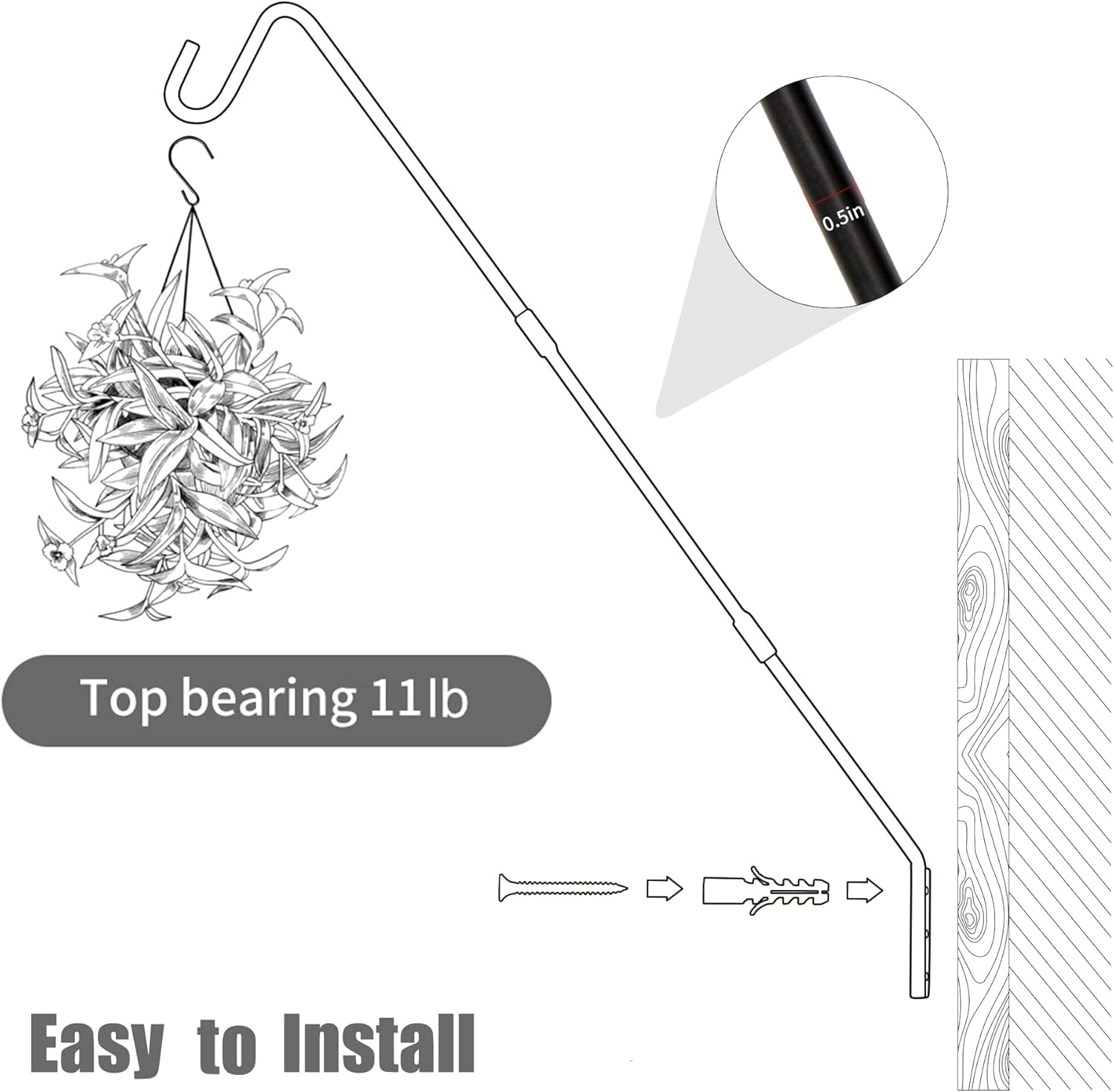 Juegoal Heavy Duty Deck Hook, 25 Inch to 36 Inch Wall Mounted Extended Reach Deck Hook Wall Pole Plant Bracket for Hanging Bird Feeder, Plants, Suet Baskets, Lanterns, Wind Chimes - Image 5