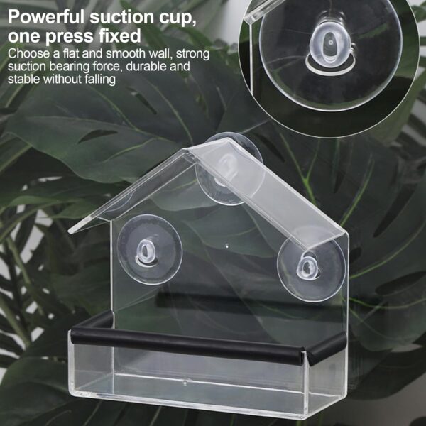 Shudyear Window Bird Feeder, Bird House for Outside with Rubber pad, Small Acrylic Window Bird Feeder with Strong Suction Cups and Drain Holes 6.2 * 2.4 * 6.2 in - Image 5