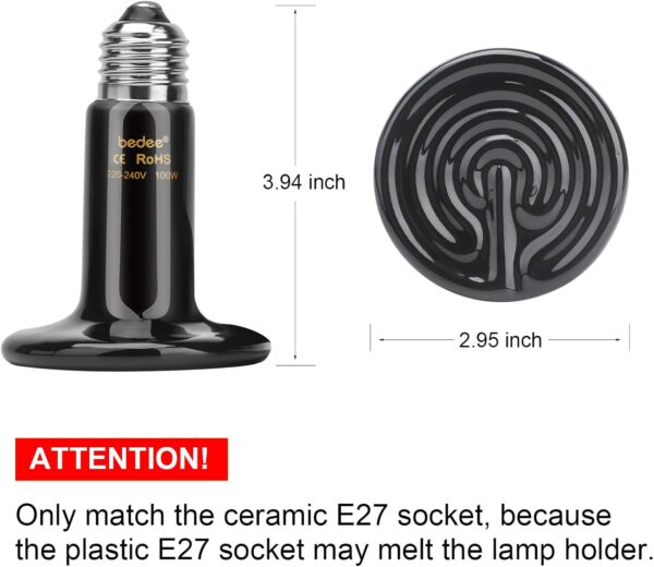 bedee Reptile Heat lamp, 2 Pack 100W Tortoise Heat lamp, E27 Black Infrared Ceramic Heat Lamp Pet Ceramic Heat Bulb for Reptiles/Lizards/Tortoise/Snakes/Chicks - Image 2
