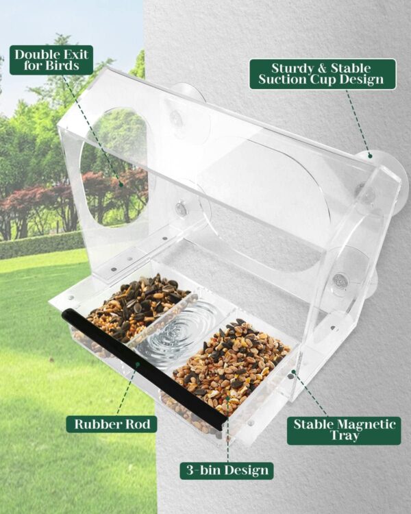 E-SMARTER Window Bird Feeder, Sturdy and Durable Bird Window Feeder with 6 Strong Suction Cups, Wet and Dry Separation Removable Magnetic Tray, Clear Bird Feeder for Window for Wild Bird, Small Bird - Image 3