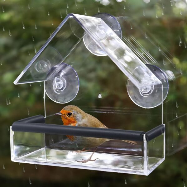 Shudyear Window Bird Feeder, Bird House for Outside with Rubber pad, Small Acrylic Window Bird Feeder with Strong Suction Cups and Drain Holes 6.2 * 2.4 * 6.2 in - Image 6
