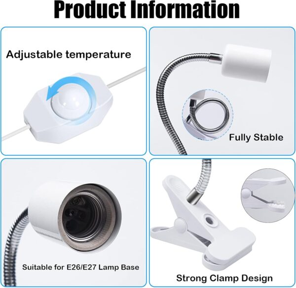 Bonlux Reptile Heat Lamp Holder, E27 Dimmable Basking Bulb Holder Flexible Clamp Lamp Fixture with Temperature Adjustable Switch & UK Plug for Pet Lizard Tortoise Aquarium (without Bulb) - Image 5