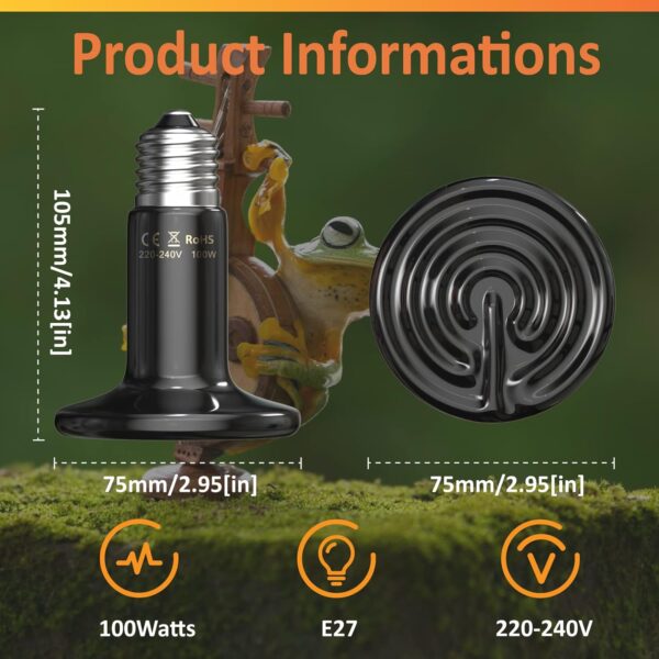 Bonlux 2Pack 100W Reptile Heat Lamp Bulb, E27 Black Ceramic Heat Bulb, No Light, No Harm, Ceramic Heat Emitter, Ceramic Heat Lamp for Reptiles/Lizards/Tortoise/Chicken - Image 6
