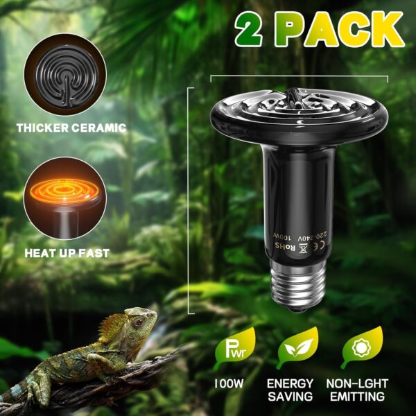 GlowUp 100W Ceramic Heat Bulb for Reptile, No Light, Heat Up Fast Reptile Heat Lamp Bulb, E27 Black Ceramic Heat Emitter for Reptile Turtle Chameleon Puppy Bearded Dragon Lizard Chick-2Pack - Image 5