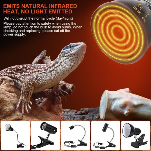 Adiwo Tortoise Heat Lamp, 60W Ceramic Heat Emitter, E27 Reptile Heat Lamp Bulb, Winter Infrared Heating Bulb, 220-230V Terrarium Reptile Heat Bulb for Reptiles/Snakes/Lizards/Turtles/Bearded Dragons - Image 4