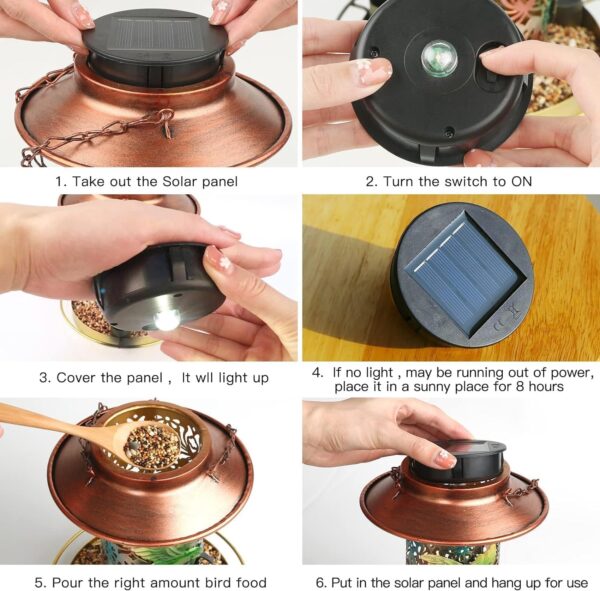 ELISHAN Solar Bird Feeder for Outdoors Hanging, Metal Wild Bird Feeder, Solar Garden Lantern, Garden Ornament, Gift Ideas for Bird Lovers, Heavy Duty Weather Resistance Birdfeeders - Image 9