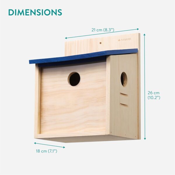 Navaris Wooden Bird Feeder House - Wall Mounted Garden Decor for Birds with Blue Roof - Outdoor Feeding Station with Exchangeable Wood and Clear Front Panels - Image 6