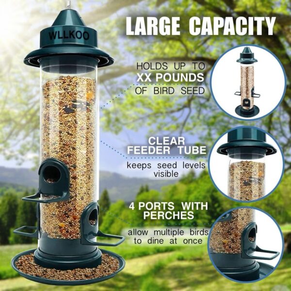 WLLKOO Bird Feeders for Outdoors Hanging, Premium Hard Plastic Bird Feeder with 4 Feeding Ports, Weatherproof & Steel Hanger, Attracting for Wild Birds - Image 4