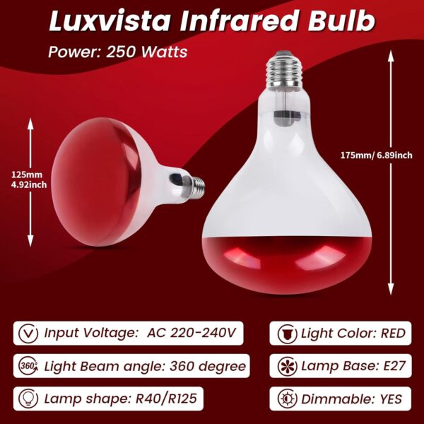 Luxvista E27 Infrared Heat Bulb 250W Dimmable Reptile Heat Lamp Bulb, Edison Screw E27 Infrared Basking Reflector Spotlight Floodlight Incandescent Bulbs, for Chicks, Turtles, Geckos, Snakes, Lizards - Image 7