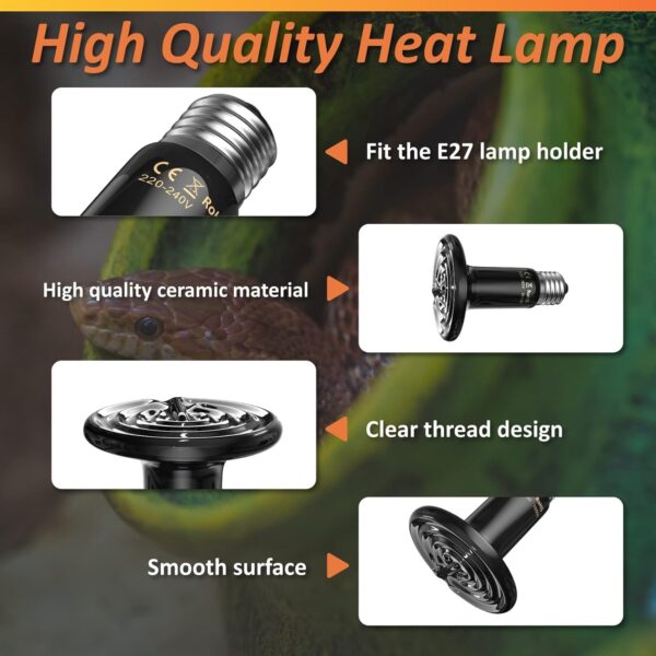 Bonlux 100W Terrarium Reptile Heat Bulb,Ceramic Heat Emitter, No Light E27 Black Ceramic Heat Lamp Pet Ceramic Heat Bulb for Reptiles/Lizards/Tortoise/Snakes/Chicken/Dog, 2 Pack - Image 5