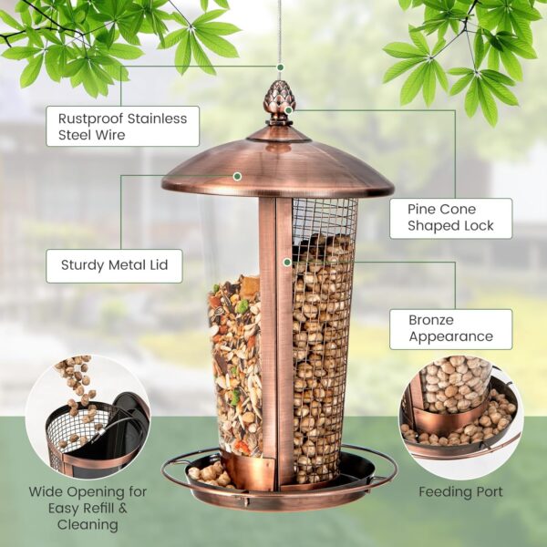 COSTWAY 2-in-1 Birds Feeder, Metal Hanging Wild Bird Seed Feeder with Dual Birds Food Chambers and Stainless Steel Wire, Weatherproof Outdoor Bird Feeding Station for Garden Yard Porch - Image 4