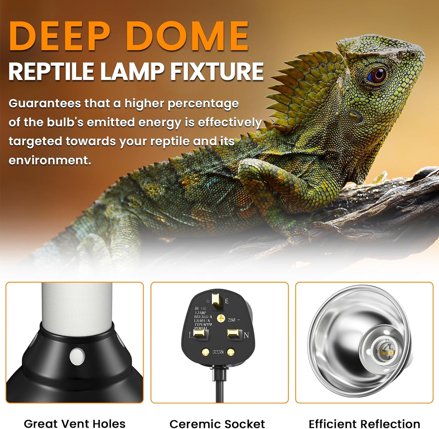 Bonlux Reptile Heat Lamp Holder 200W, Tortoise Heat lamp with Clip and BS Plug for E27 UVA/UVB Bulb, Pet Heat lamp for Reptiles Bearded Dragon,Snake,Chick - Image 3