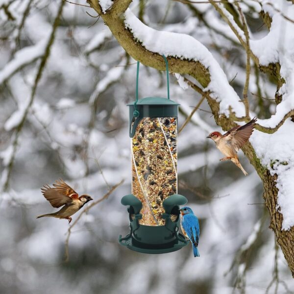 Bird Feeder for Outside Plastic Tube Bird Seed Feeder With 3 Compartments and Ports for Variety of Seed Weatherproof and Waterproof Great for Attracting Wild Birds - Green - Image 6