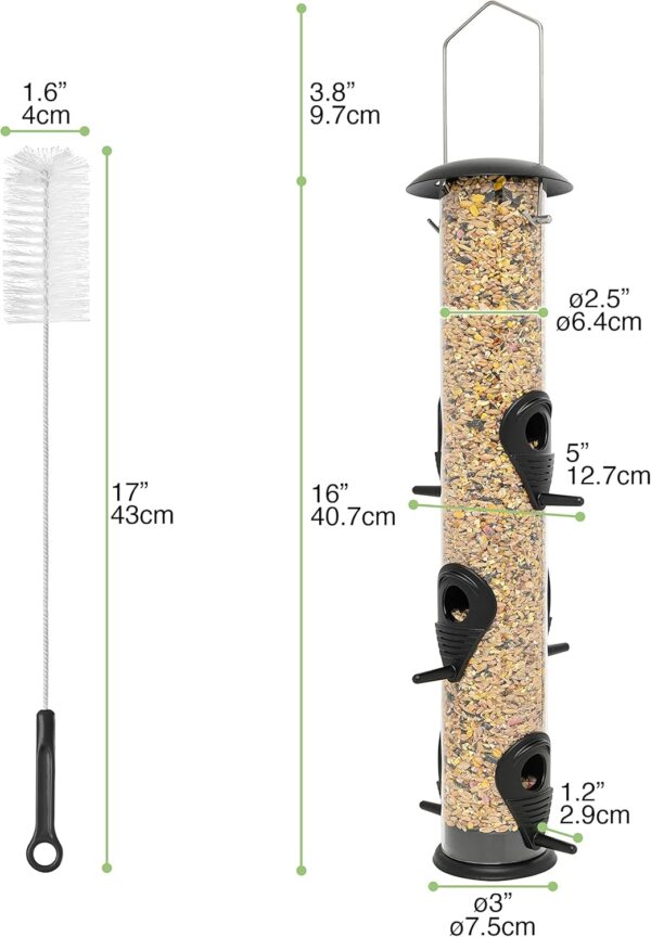 Deerstone Hanging Bird Seed Feeder with Cleaning Brush for Small UK Garden Birds Squirrel Resistant Metal & Polycarbonate - Image 3