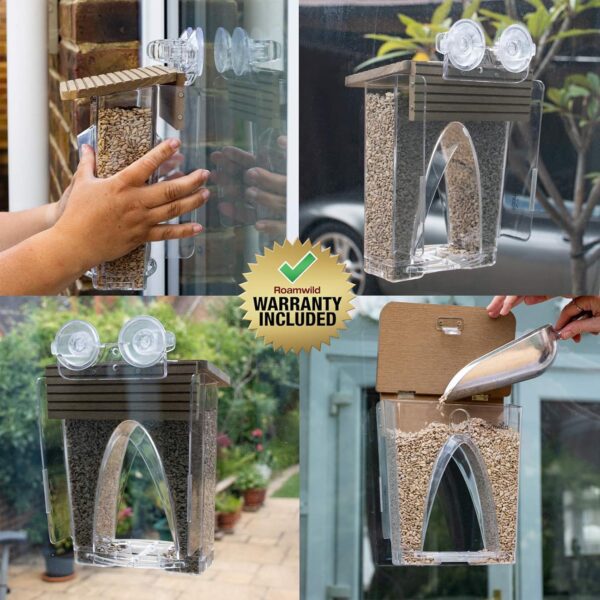 Roamwild Beautiful Arch Window Wild Bird Feeder with Huge 4LBS Capacity & Ultra Strong Dual Suction Technology for Outdoors with Drainage Holes & Window Protectors - Image 7