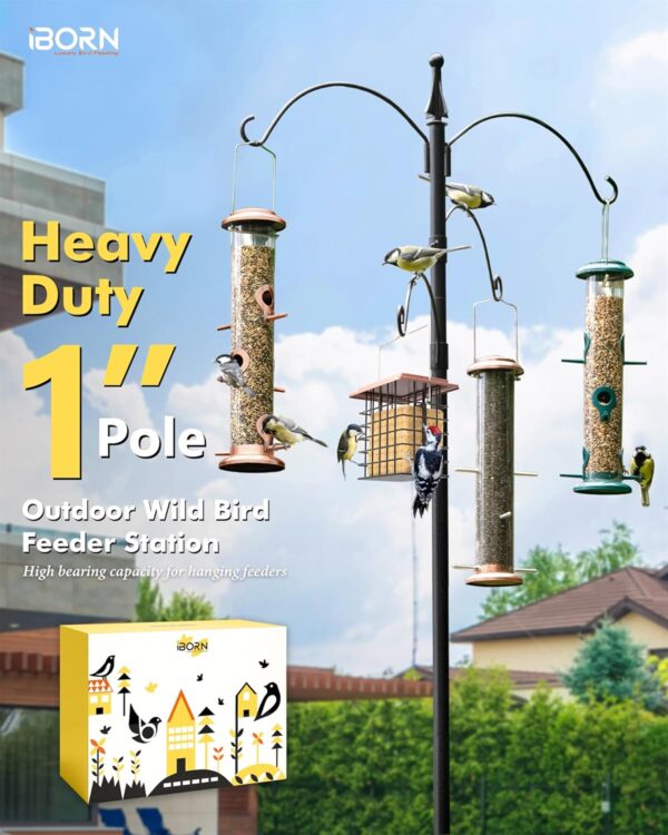 iBorn Bird Feeder Pole 1 Inch Thickness Pole Wild Bird Feeding Station Stand Shepard Hook for Bird Feeders, with 2Top Hooks& 2 Adjustable Hooks,5-Prong Pole Stabilizer(Bird Feeders NOT Included) - Image 2