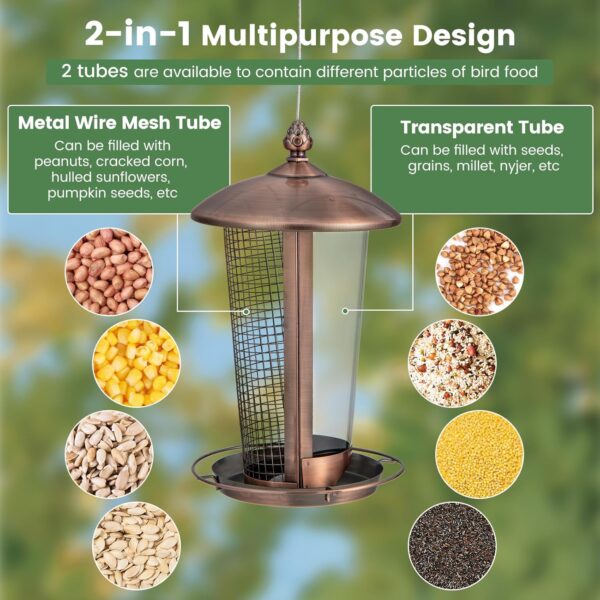 COSTWAY 2-in-1 Birds Feeder, Metal Hanging Wild Bird Seed Feeder with Dual Birds Food Chambers and Stainless Steel Wire, Weatherproof Outdoor Bird Feeding Station for Garden Yard Porch - Image 2