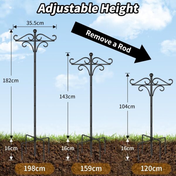 Bird Feeder Pole Stand, 198CM (Approx 2M) Adjustable Garden Hanging Basket Bird Feeding Station Hook, Heavy Duty Outdoor Metal Shepherds Crook for Solar Lights Lantern, Plant Hanger, 1 Pack - Image 2