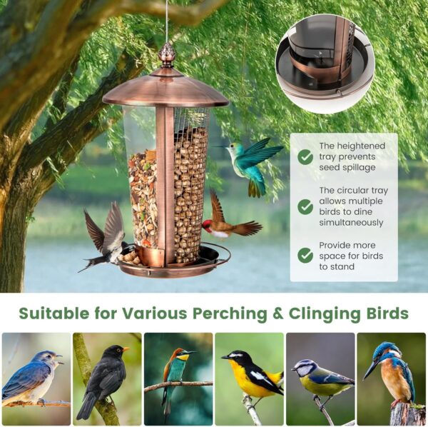 COSTWAY 2-in-1 Birds Feeder, Metal Hanging Wild Bird Seed Feeder with Dual Birds Food Chambers and Stainless Steel Wire, Weatherproof Outdoor Bird Feeding Station for Garden Yard Porch - Image 7